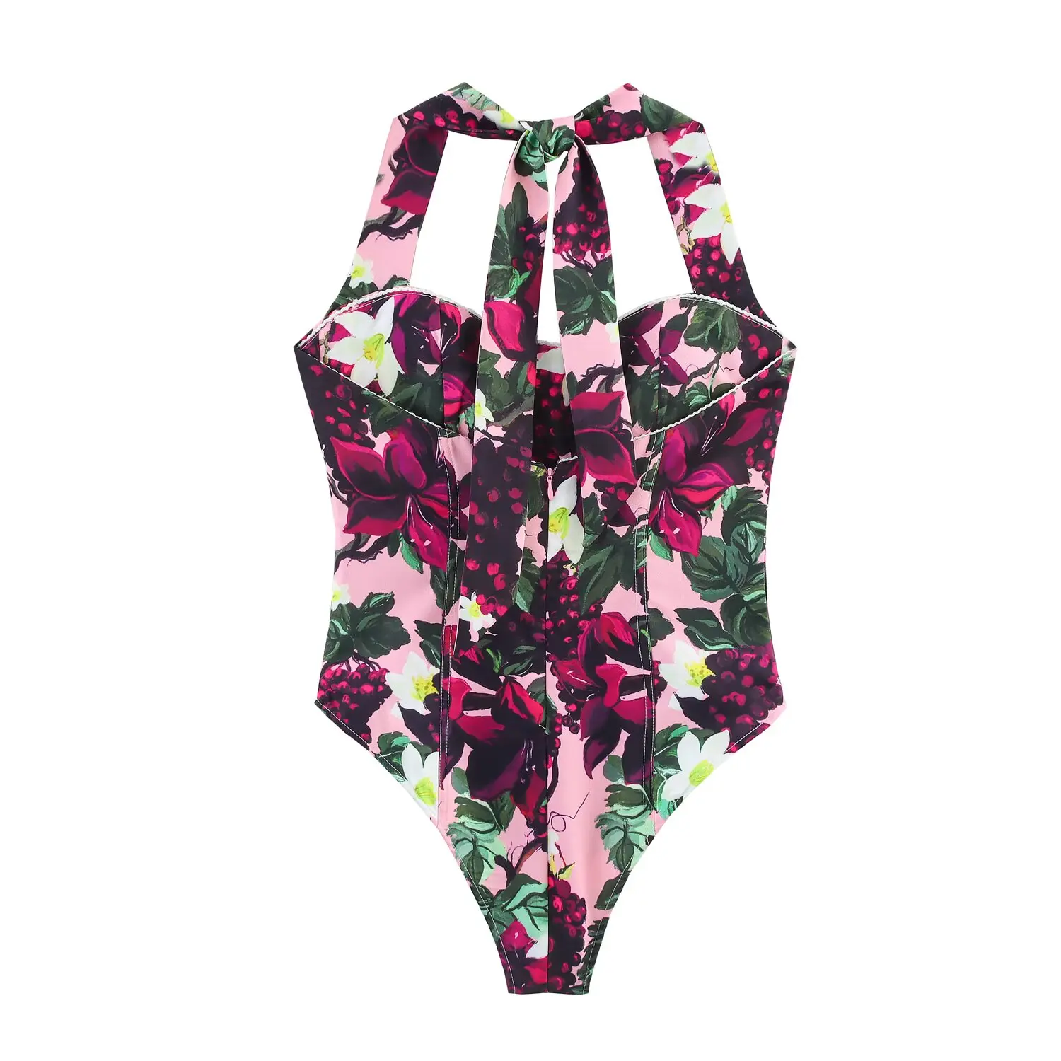 

2025 New Women's Clothing European and American Style Fashion Printed Bowknot Halter Neck Slimming Bodysuit