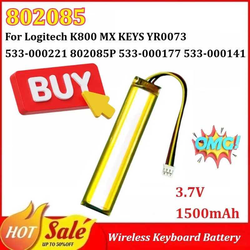 

2-4Pcs 802085 3.7V 1500mAh Wireless Keyboard Battery for Logitech K800 MX KEYS YR0073 533-000221 802085P 533-000177 533-000141