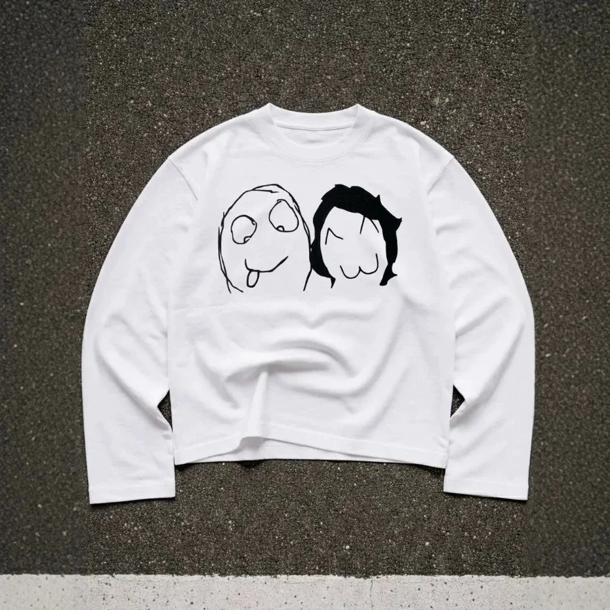Long Sleeve T-Shirt Sketch Two Weird Couple Doodle Face Graphic Crew Neck Drop Shoulder Loose Fit 100% Cotton Alt Grunge E-Girl