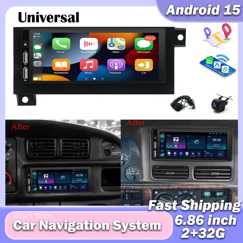 2G+32G Android 15 6.86Inch Universal Car Stereo Radio Support Wireless Carplay Android Auto GPS Navigation Bluetooth WIFI FM SWC Mirror Link Split Screen+AHD Backup Camera/Microphone