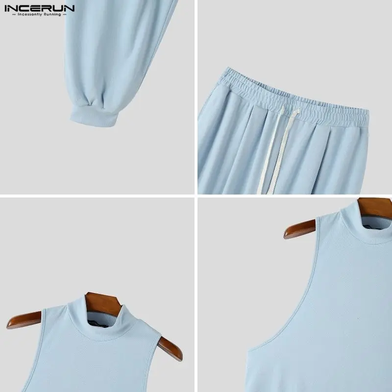 INCERUN Men Sets Solid Color Turtleneck Sleeveless Tank Tops Pants Two Piece Sets Streetwear Casual Men Matching Sets Tracksuits view 6