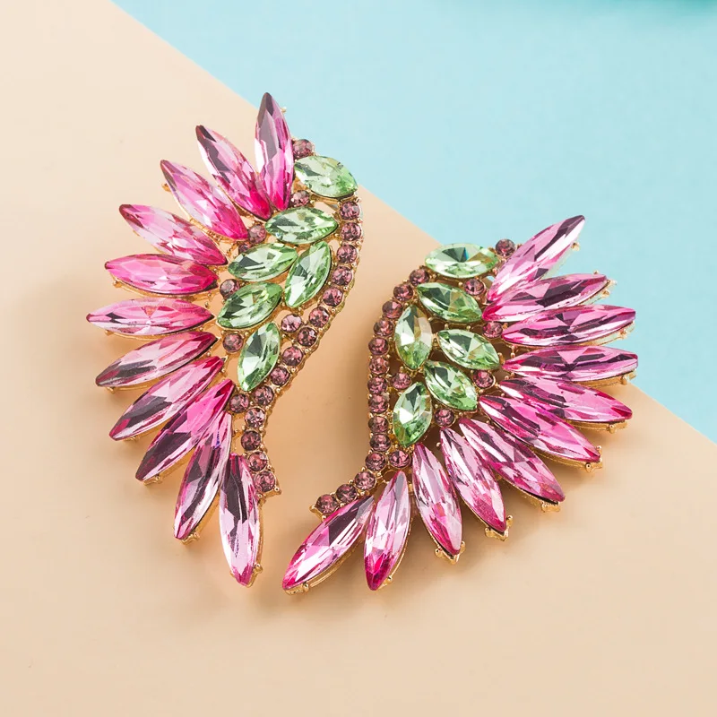 Luxury And Exaggerated Fan-shaped Bohemian Style Earrings, Alloy Wings, Colorful Rhinestone Earrings, Trendy Earrings