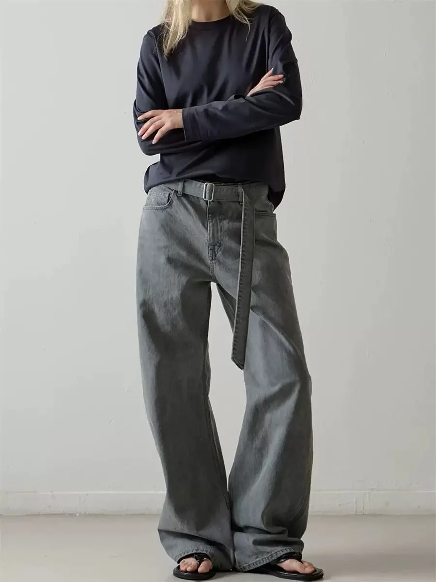 

Модный простой свободный пояс, джинсы, женские осенне-зимние хлопковые джинсы с застежкой-молнией на талии, не растягивающиеся джинсы