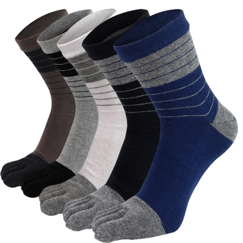 5 Pairs Cotton Five Finger Socks Men Breathable Middle Tube Striped Colorful Dress Business Casual Toe Socks with 5 Toes Male