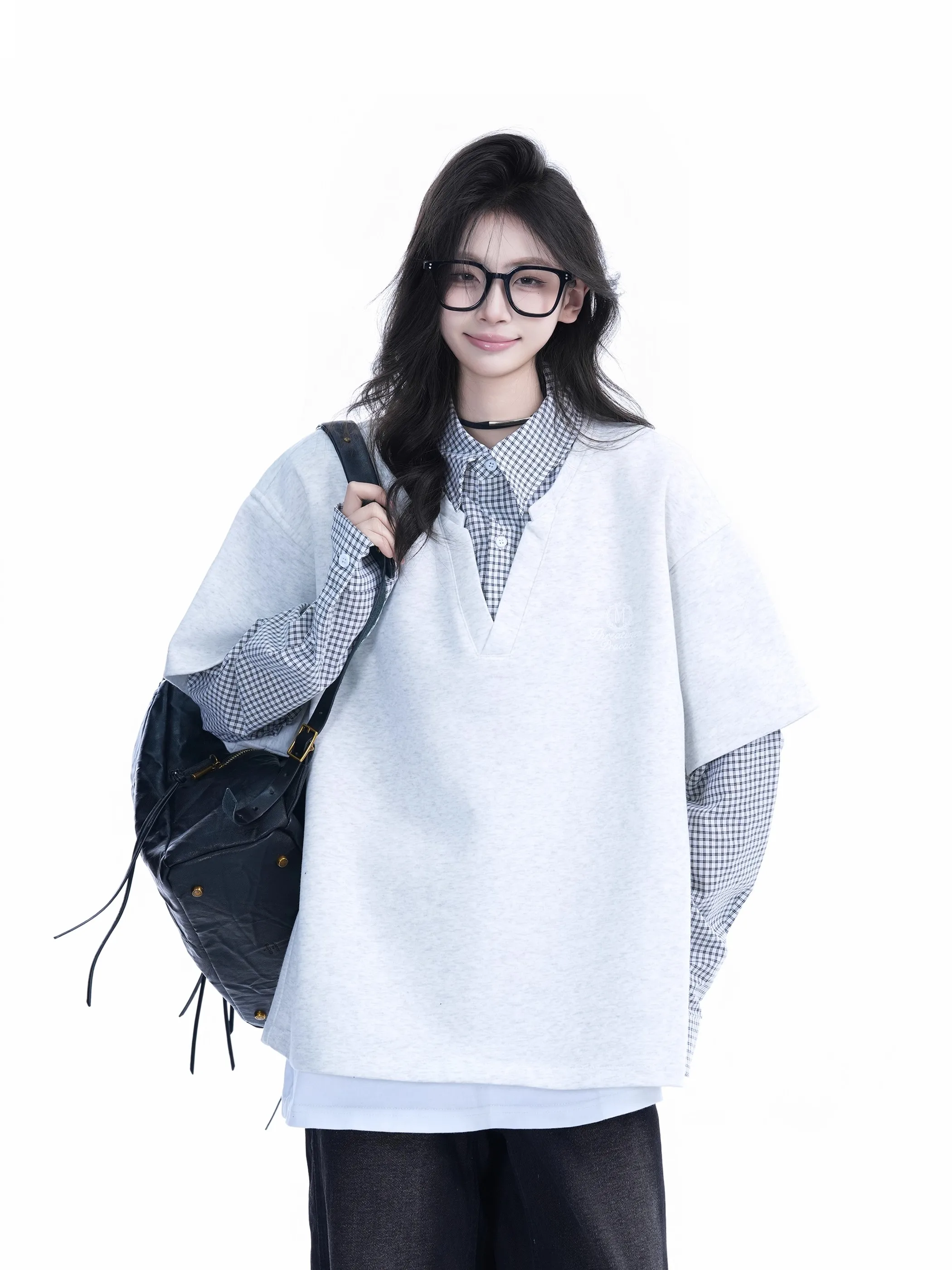 American College Sle Patchwork Fake Two-Piece Sweatirt Casual Long Sve  irt Collar ex Comfortable Fit Hoodie