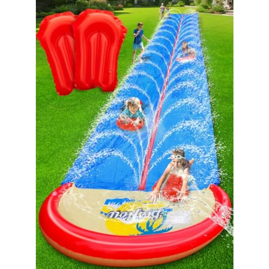 Outdoor backyard water slide for kids and adults, heavy-duty PVC, blue and yellow, 32FT extra-long dual-lane with sprinklers an
