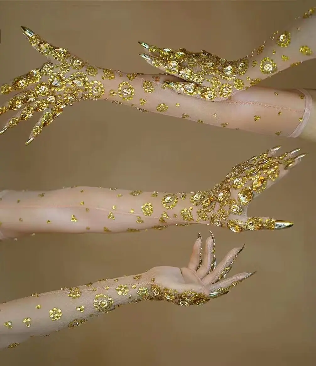 

Luxurious Stretch Gold Rhinestones Long Gloves Women Sexy Mesh Dancer Singer Nightclub Outfit Accessories Performance Stage Wear