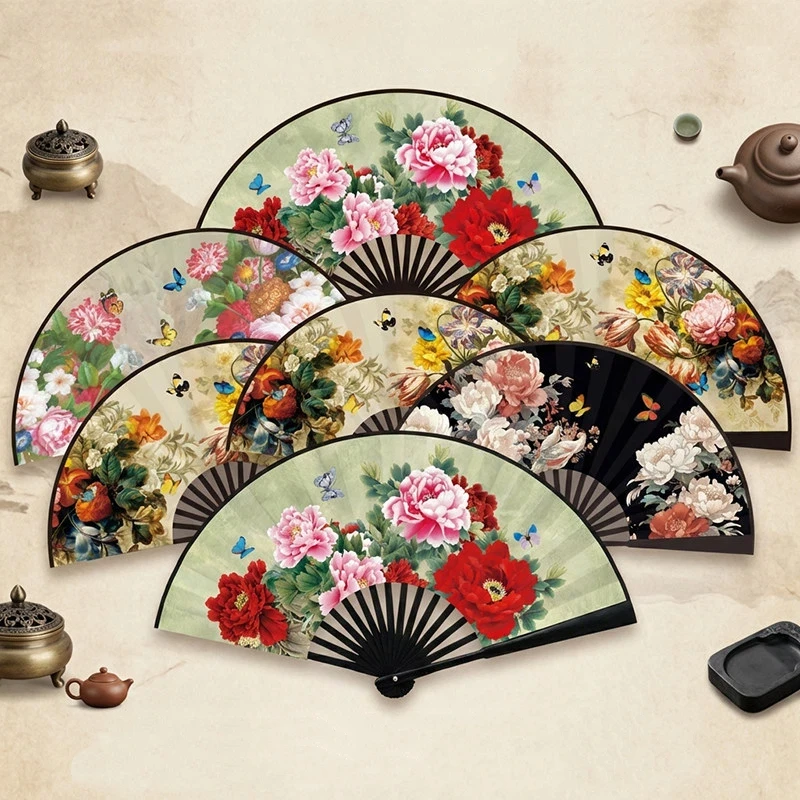 Ancient StyleDouble Side Silk Opera Folding Fan with Peony Pattern for Men Women Dance Performance Daily Fan Gift Chinese Style