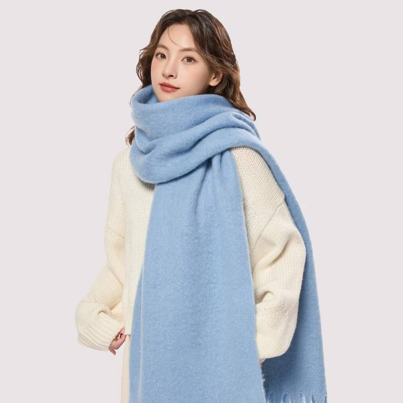 

New Simple Women Scarf Female Winter Solid Mohair Thickened Warm Long Scarves Soft Coarse Braid Tassel Shawl Wrap Retro Shawls