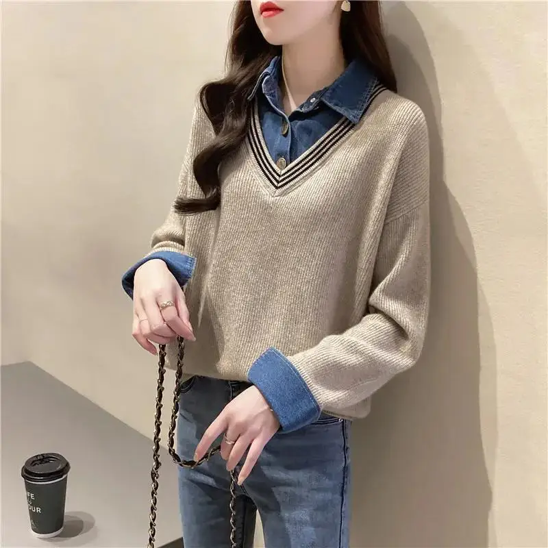 Autumn Winter Fake Two Piece Denim Spliced Casual Sweater Female Long Sleeve All-match Knitting Pullover Korean Style Jumper Top