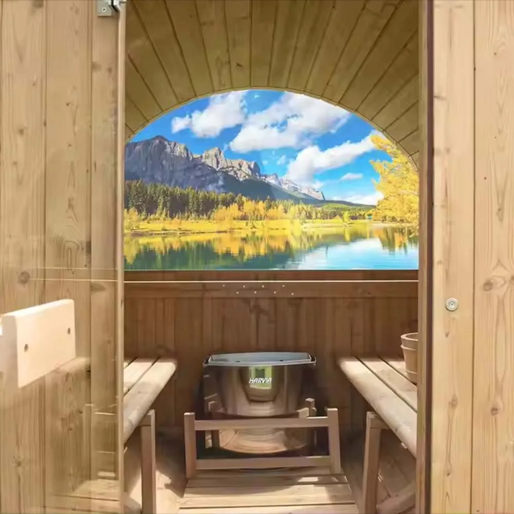 Spliced Red Cedar Traditional Outdoor Barrel Sauna in Resort Hotels With Semi-circular Glass Window