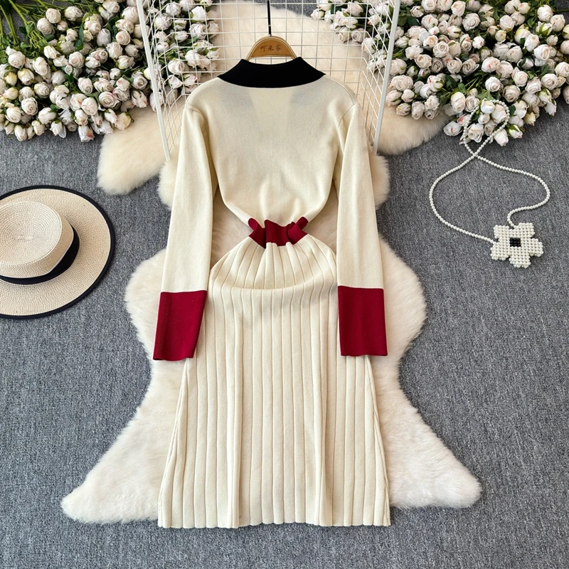 Autumn Winter French Vintage Sweater Dress Contrast Collared Knitted Dress Women Long Sleeve Slim Fit Long  Work Office Dress