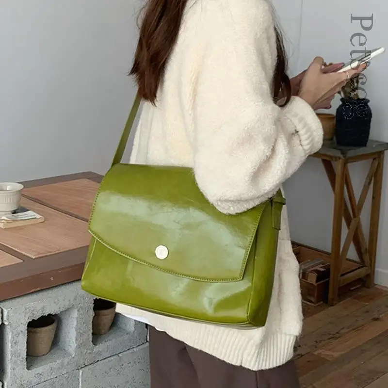 Glossy Pu Leather Crossbody Bags For Women Green Large Capacity Flap Casual Shopper Messenger Purse Female Fashion Shoulder Bags