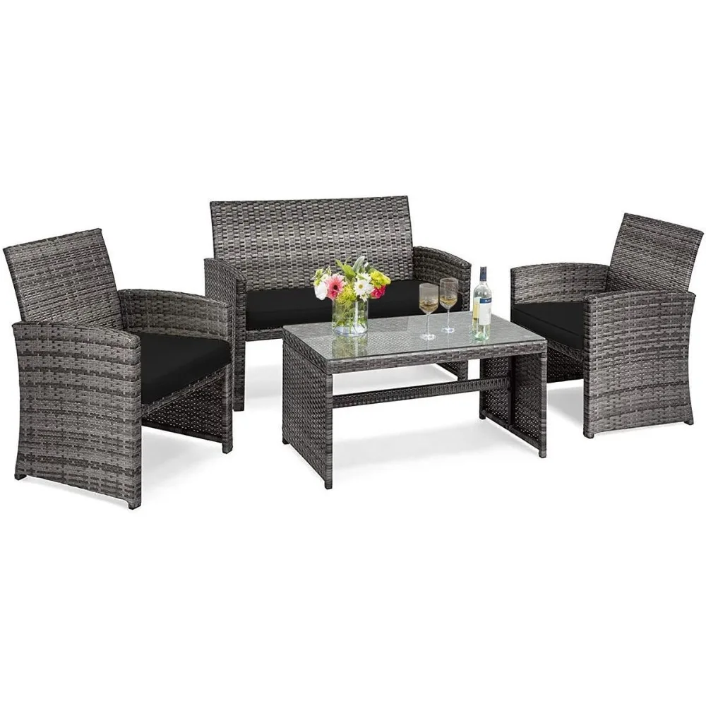 

4 PCS Wicker Patio Conversation Set, Outdoor Rattan Sofas with Table Set, Patio Furniture Set with Soft Cushions & Tempered Gla