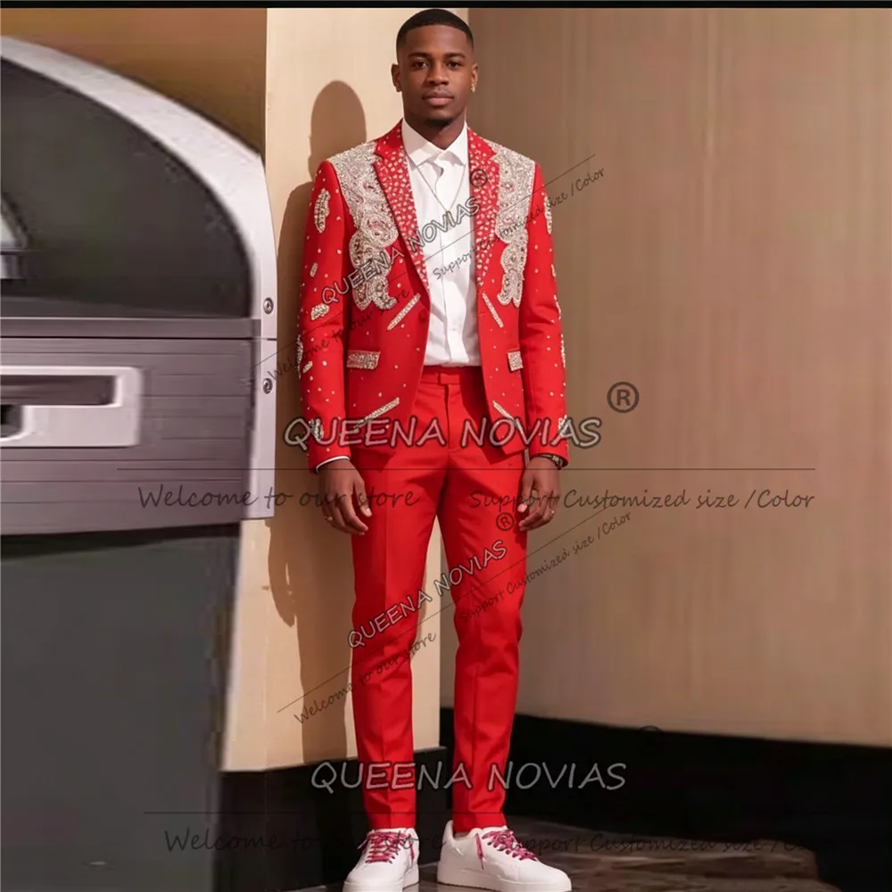 Exclusive Suit Men 2 Piece Sets Sparkly Crystals Beading Jacket Pants Customized Groom Formal Party Tuxedos Male Business Tuxedo