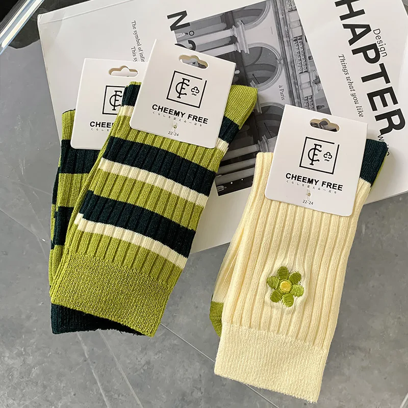 Green Series Socks Women's Four Seasons Double Needle Pile Socks Cotton Mid-tube Casual Socks Japanese Striped Socks