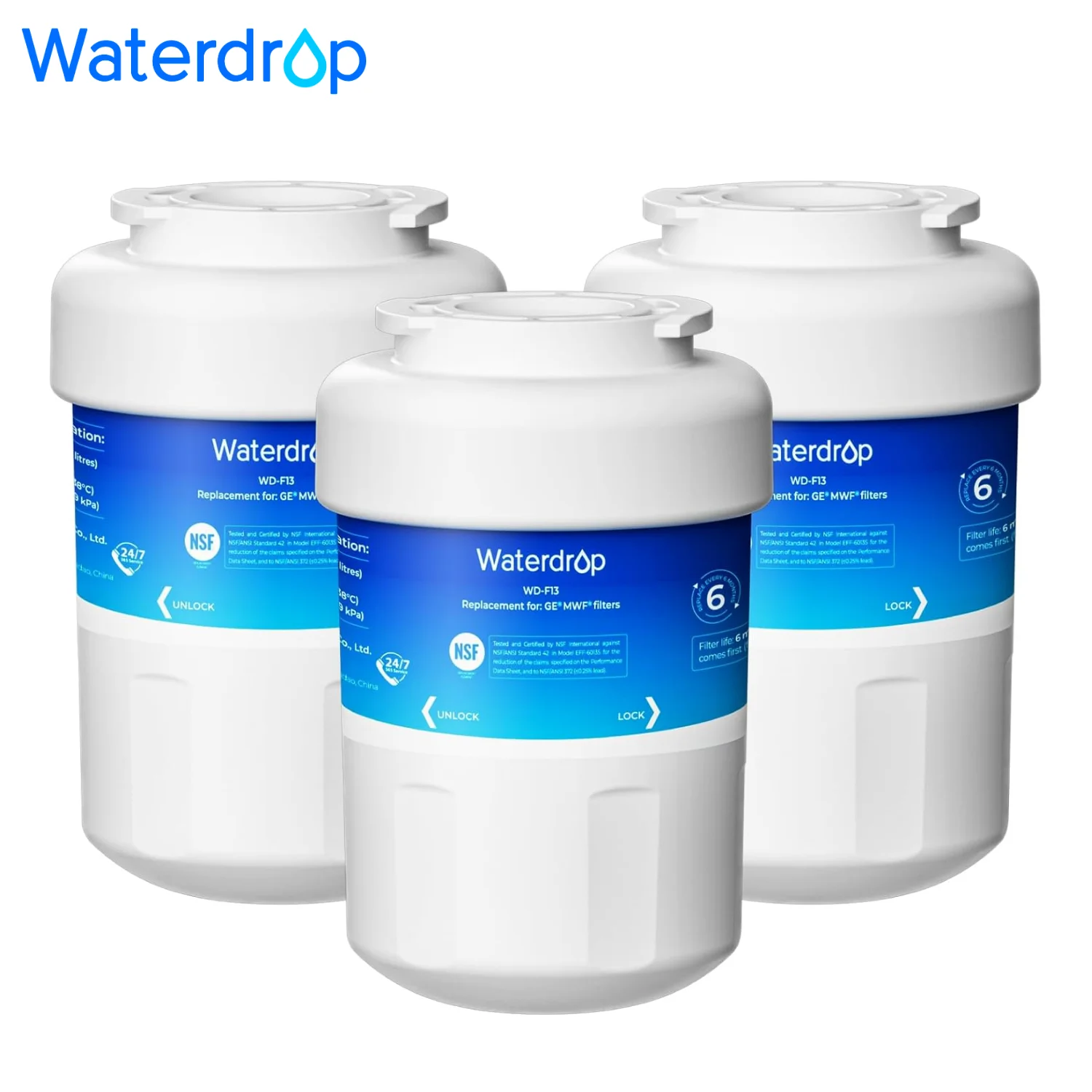 Waterdrop WD-F13 Refrigerator Water Filter Replacement for GE® MWF®, 3 Pack | Replacement for SmartWater® MWFP, MWFINT, MWFA, GWF, HDX FMG-1, Kenmore® 9991, GSE25GSHECSS, WFC1201