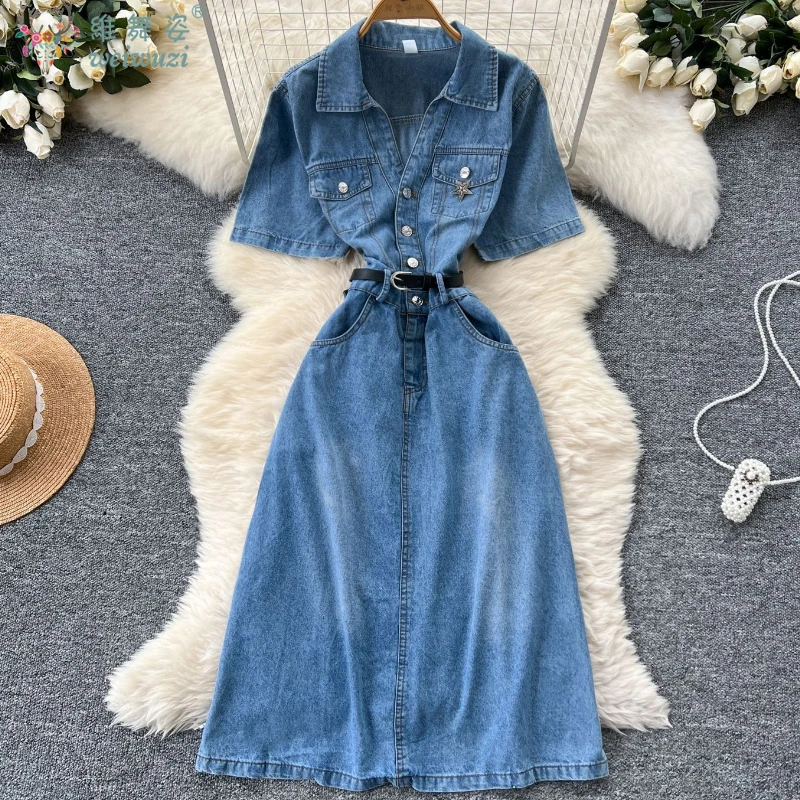 

качественные женские джинсовые платья летняя вечеринка Короткие рукавы длинные юбки с ремнями мода уличная одежда Молодые дамы Мода Необходимо иметь Комфортная одежда для массового отдыха