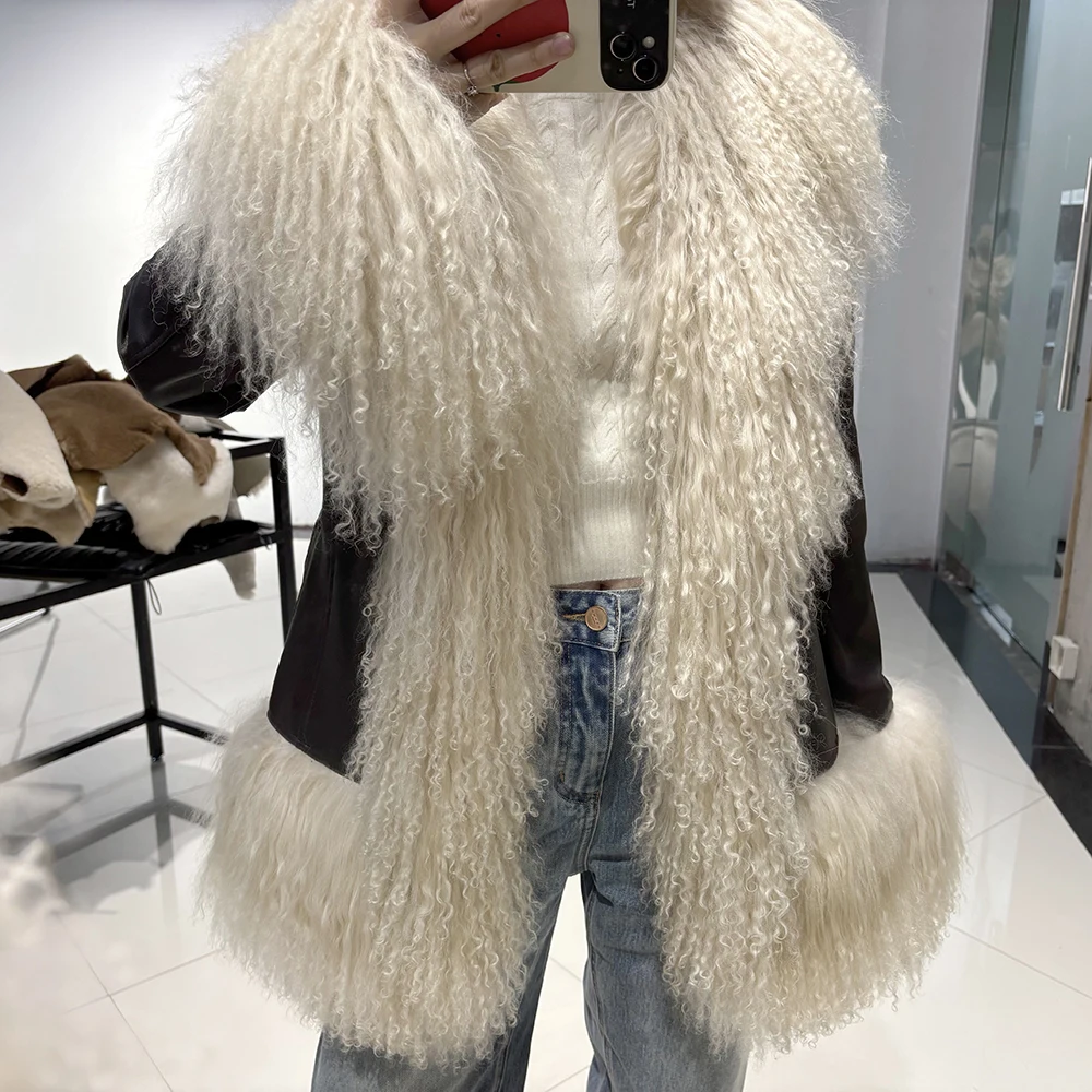 YOLOAgain Real Mongolia Sheep Fur Collar Real Leather Jacket Coat Women