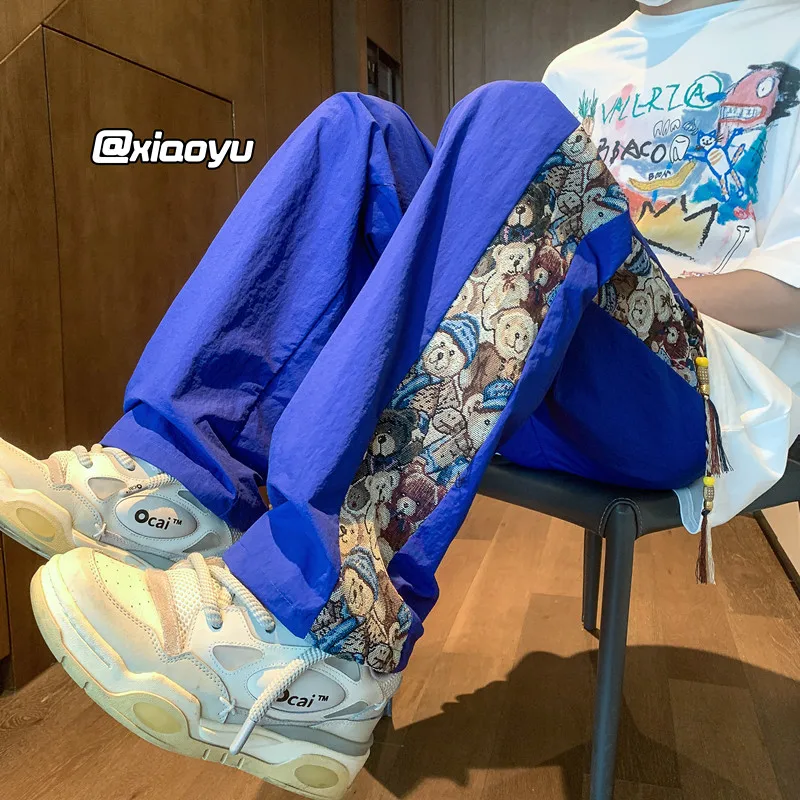 

Bear Patchwork Men's Summer Thin Qui Dry Sports Pants Ice Silk Casual Straight Leg Loose Fit Elastic Waist Cool Feeling