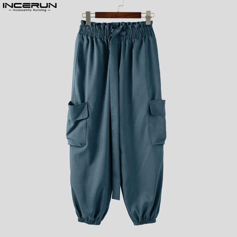 

INCERUN Men Cargo Pants Solid Color Lace Up Joggers Loose Casual Trousers Men Streetwear Pockets 2025 Fashion Male Long Pants