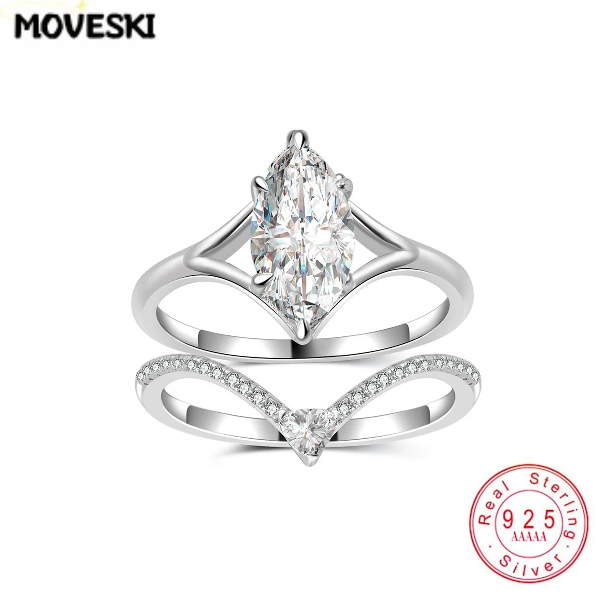 925 Sterling Silver 2CT Marquise Cut Moissanite Ring Set for Women V-Shaped Stackable Engagement Wedding Band Two Piece Rings