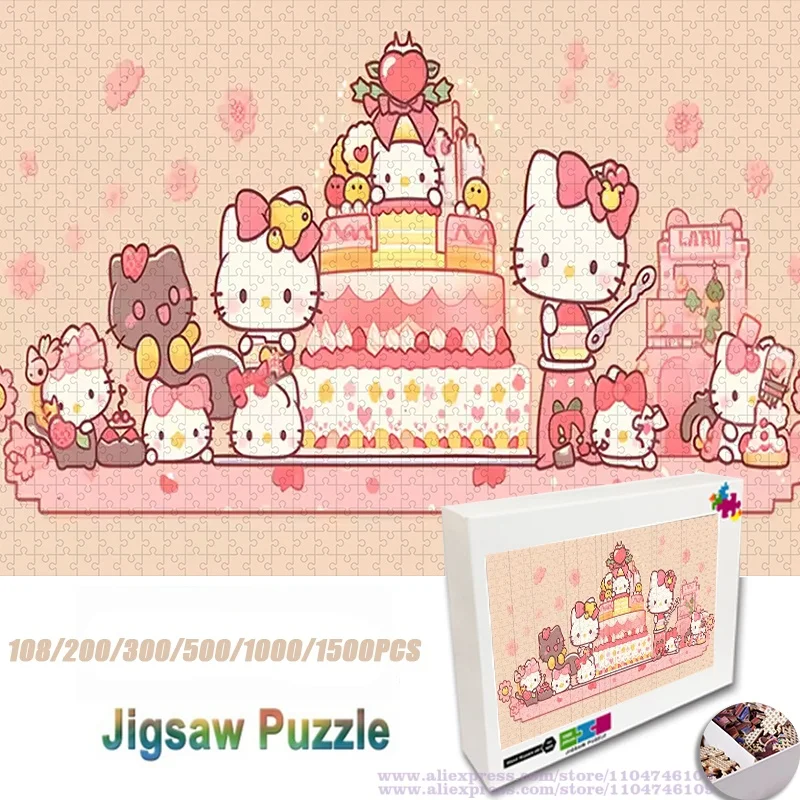 

Hello Kitty Puzzle Jigsaw Happy Birthday Kitty Cat 108/200/300/500/1000/1500Pcs Sanrio Cartoon Character Intelligence Puzzles