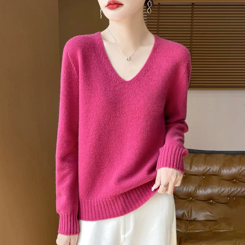 Image of Herbst Und Winter frauen Pullover Neue Mode 100% Wolle Pullover Warme Top Grundlegende V Kragen Langarm Pullover-WQ702