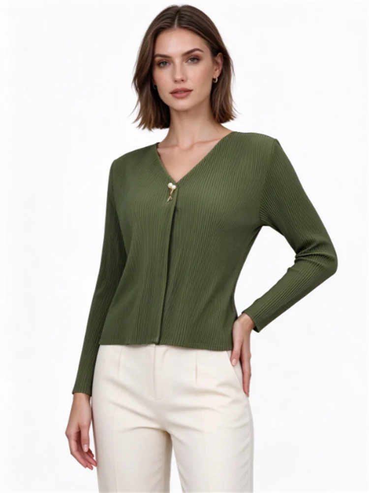 Miyake Women Black Pleated V Neck Long Sleeve Top, Elegant Slim Fit Blouse, Casual Office Shirt