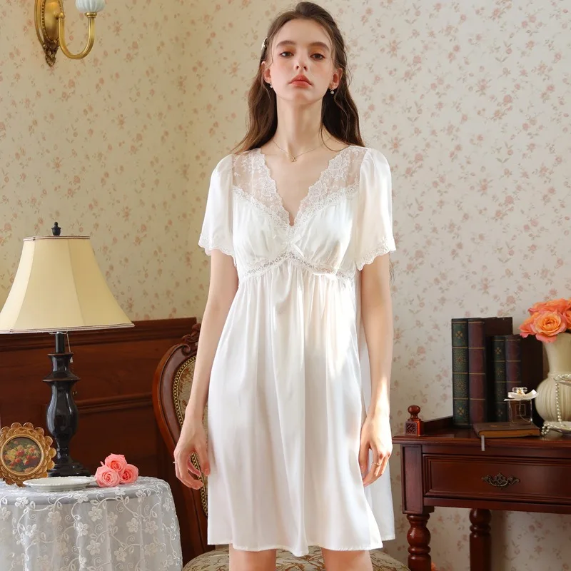 

Премиум-стиль французской принцессы, кружевная ночная рубашка с v-образным вырезом, сексуальные летние пижамы, домашняя одежда с короткими рукавами для девочек