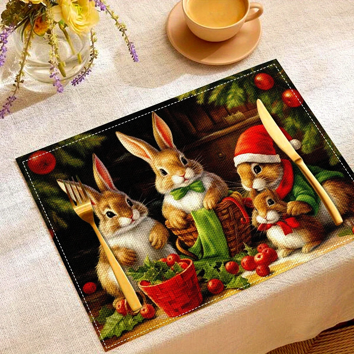 2pc Pieces Festive Christmas Rabbit Square Linen PlacematsInsulatedMachine WashableModern Table Mats