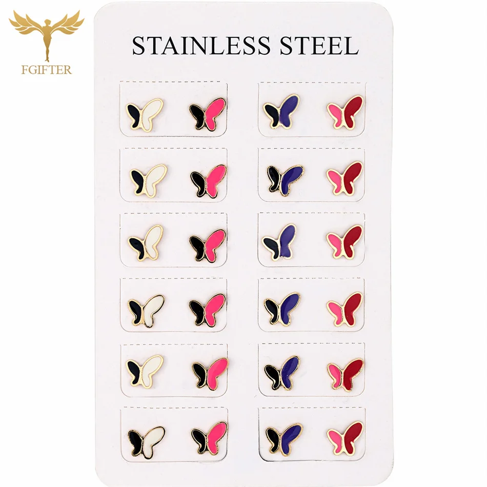 

12 Pairs Mixed Colors Butterfly Stud Earrings Set Golden Stainless Steel Jewelry Bohemia Women Accessories Teacher Student Gifts