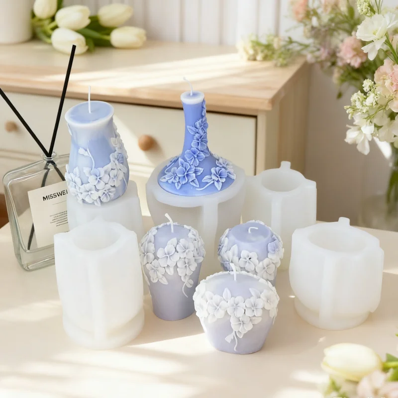 Simulation Flower Vase Shaped Silicone Candle Molds 3D Floral Pattern DIY Aromatherapy Resin Crafts Home Decor Unique Gift Molds