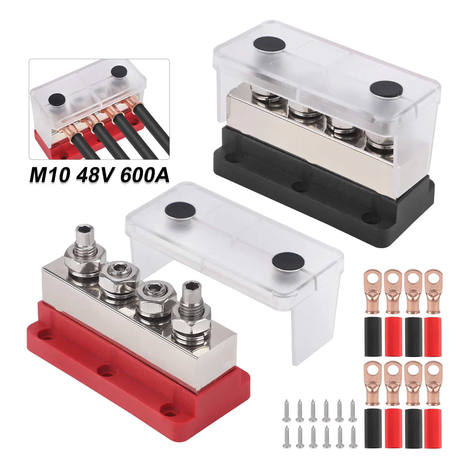 4 M10 Studs 3/8 inch For Battery Truck Marine RV Red Black Heavy Duty 600A 48V Bus Bar Distribution Block Nickel Plated Copper