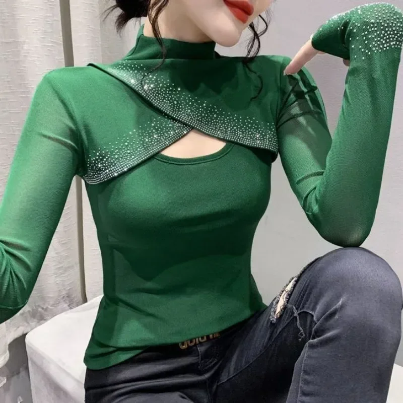 Spring Autumn Sequin Top Female Fashion Women's Long Sleeve T-shirt Glitter Rhinestone Youthful Clothes One Pieces Korean Style