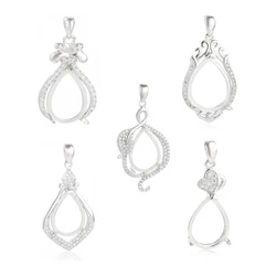 Solid 925 Silver Findings CZ Pendant Setting Teardrop Charm Tray Cabochon Blank Empty Pendant DIY Handmade Jewelry Making