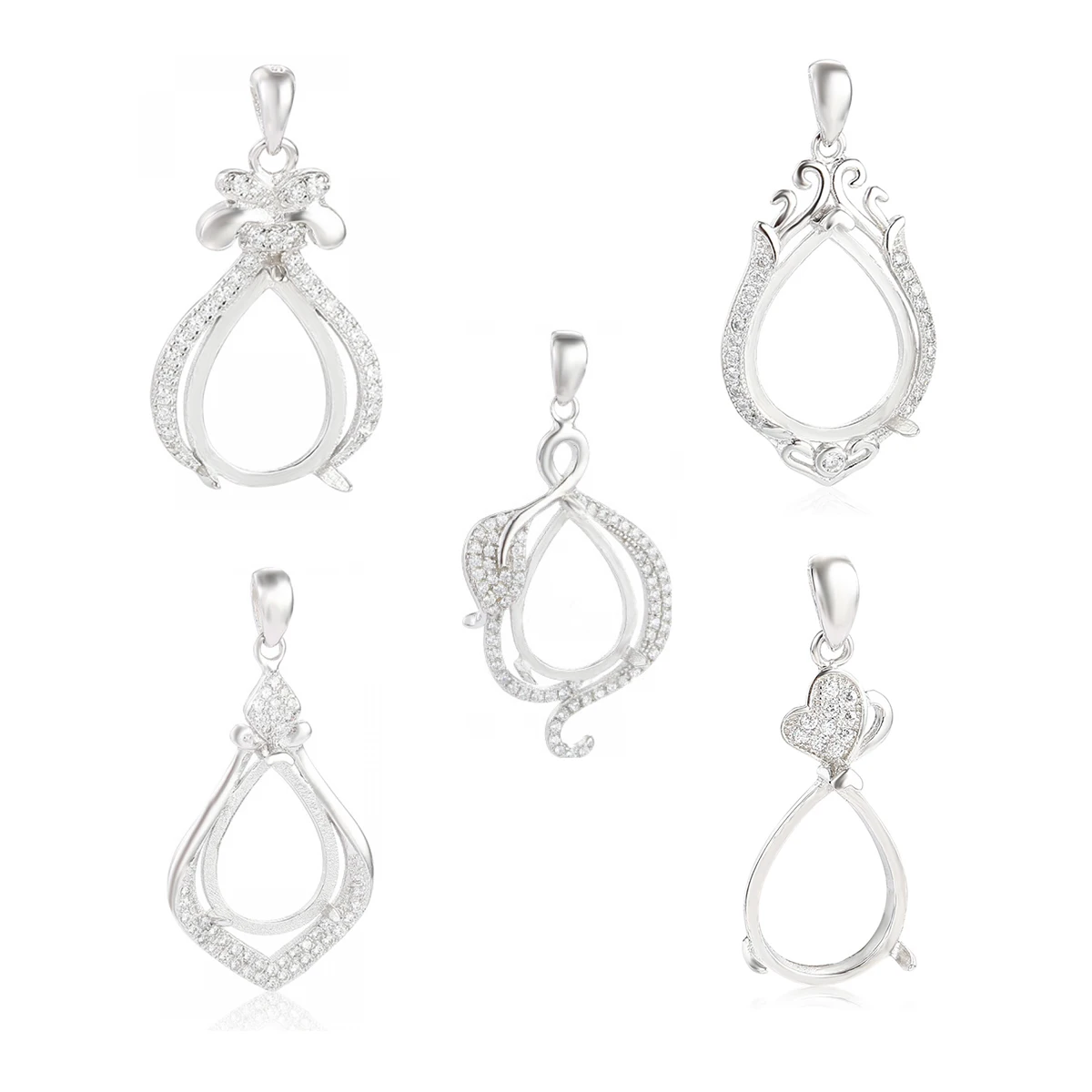 Stałe 925 srebrne półfabrykaty CZ wisiorek ustawienie Teardrop Charm taca Cabochon puste puste wisiorek ręcznie robiona biżuteria DIY Making