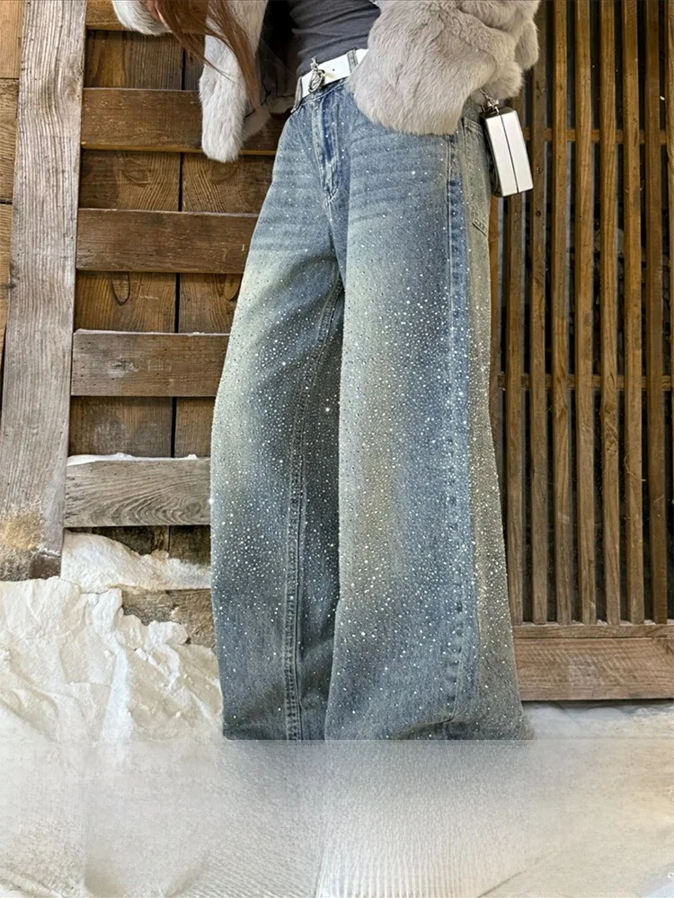 ルーズフィットキラキラデニムジーンズ女性のハイウエストワイドレッグパンツスリミングスレ秋冬ファイオントレンドプラスサイズ