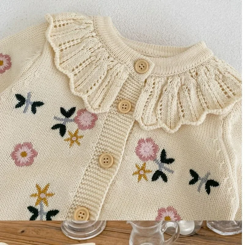 OLEKID 2026 Herbst Kinder Mädchen Strickjacke Weiche Blumenstickerei Säugling Baby Mädchen Strickmantel 1-7 Jahre Kinder Mädchen Pullover Strickjacke – Detail 4