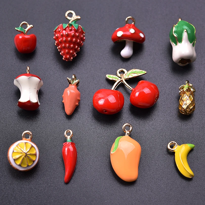 12pcs/lot Fruit Vegetable Strawberry Pendant Charms Enamel Alloy Pepper Apple Mushroom Pineapple Mango DIY Jewelry Making Bulk