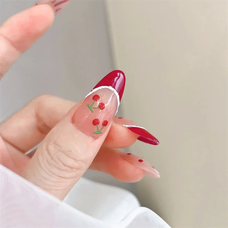 1pcs Kawaii Red Cherry Bow Nail Stickers 3D Cute Bow Fruit Back Adhesive Stickers Press On Nails DIY Nail Art Decorations Decals image 6