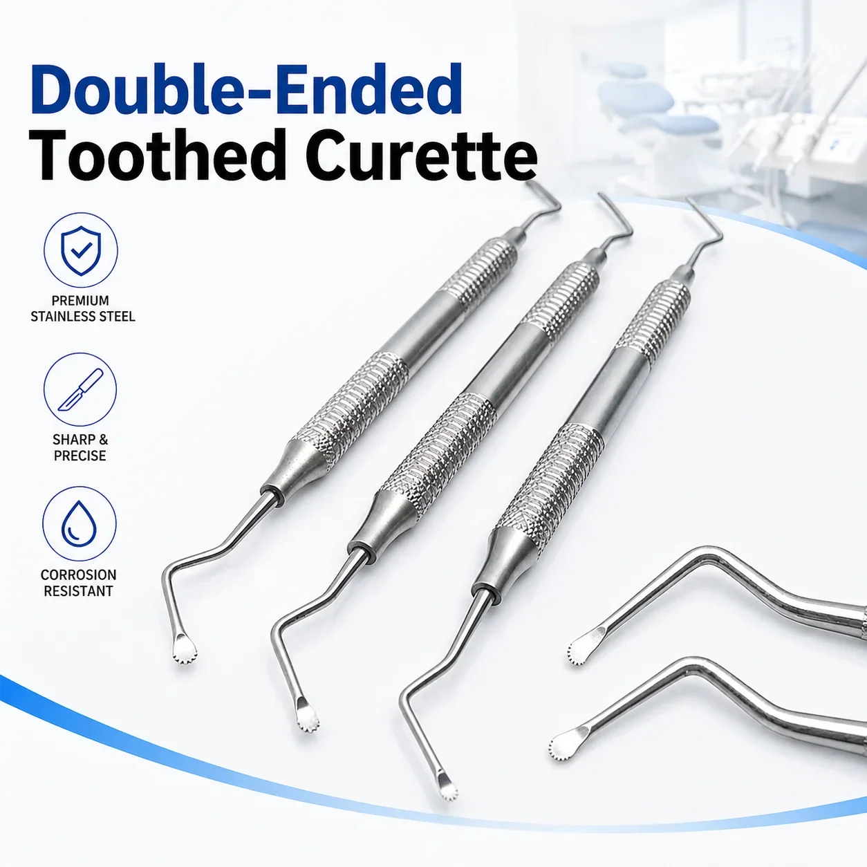 Double Tip Dental Curette Serrated Blade 2mm 3mm 4mm, Stainless Steel Periodontal Cleaning Instrument