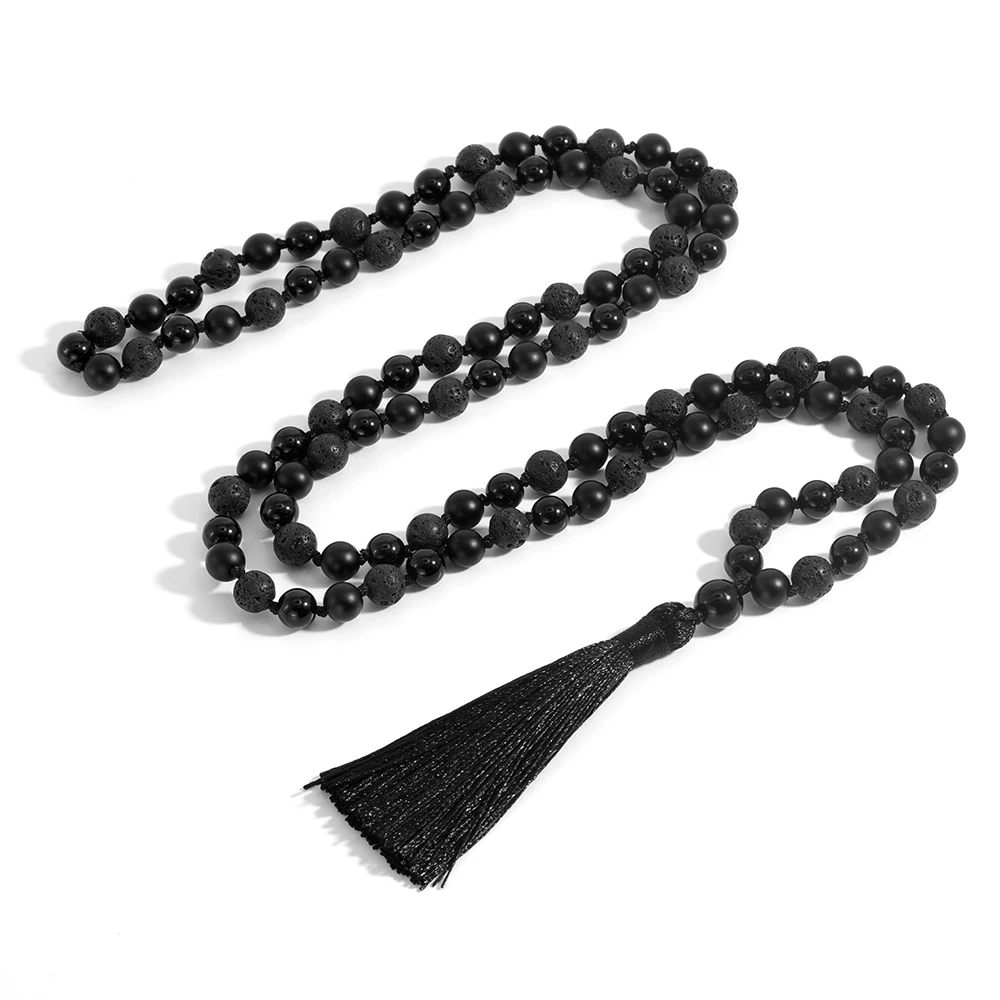 

OAIITE 8mm Black Agate Beaded Necklace Men Volcanic Stone Charm 108 Japamala Prayer Tassel Long Necklace Women Yoga Jewelry