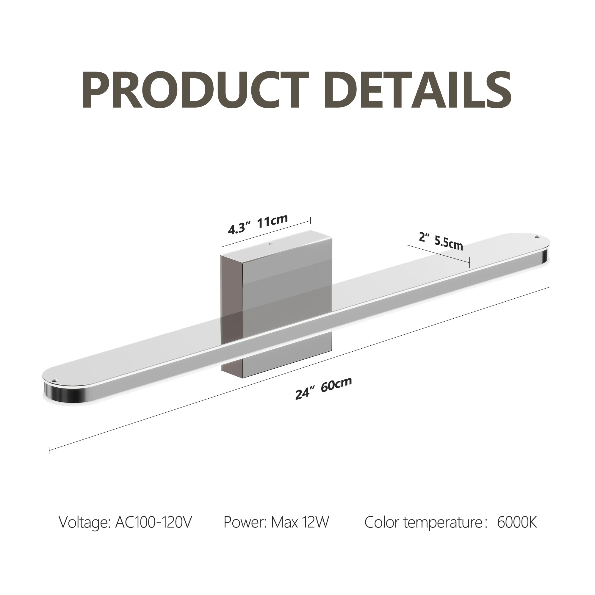 L002015-L600-W1C Modern Style Mirror Front Light, Energy-Saving, Waterproof, Rust-Proof, Electrical Safety Certified, Suitable for Bathroom Vanity, Led Light Source, Dimmable, Simple Design