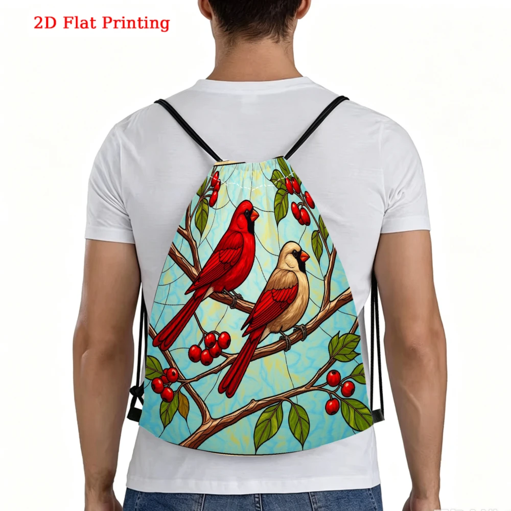 Vintage Stained Glass Red Cardinal Birds Berry Branches Drawstring Backpack Gym Sports Bag Outdoor Travel