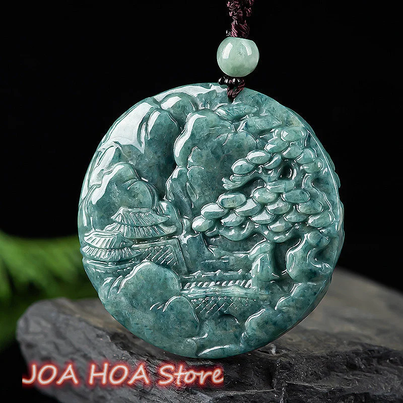 Natural A Goods Jade Landscape Lucky Brand Pendant Jade-Pendant Men's Women's Hand-carved Necklace Chain Fine Jewelry