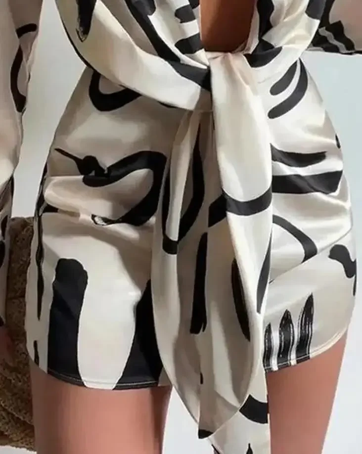 CPSYMYM Womens Dresses Spring Allover Print Tied Detail Long Sleeve Casual Turn-Down Collar A-Line Daily Shirt Dress