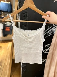 Lace Trim Ribbed Slim Tank Tops Women Summer SleevelessThree Buttons Cotton Camis Sweet Girls Gray Simple Basic Crop Top Y2k