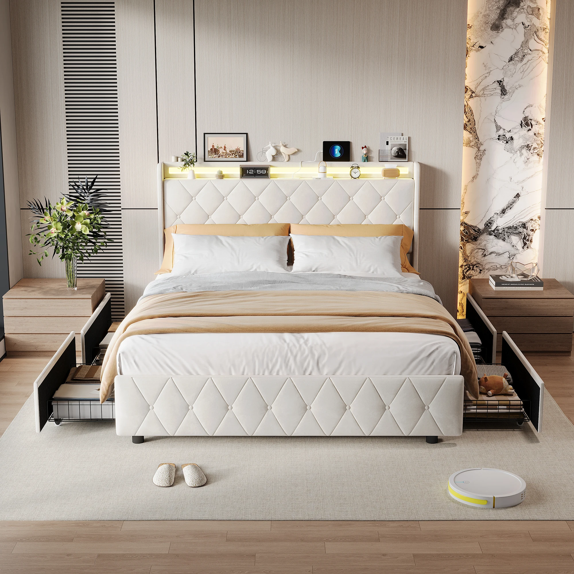 Comanlai gestoffeerd bed met LED-verlichting & 4 laden 140x200cm/160x200cm tweepersoonsbed met USB-oplaadpoort, flanellen stof