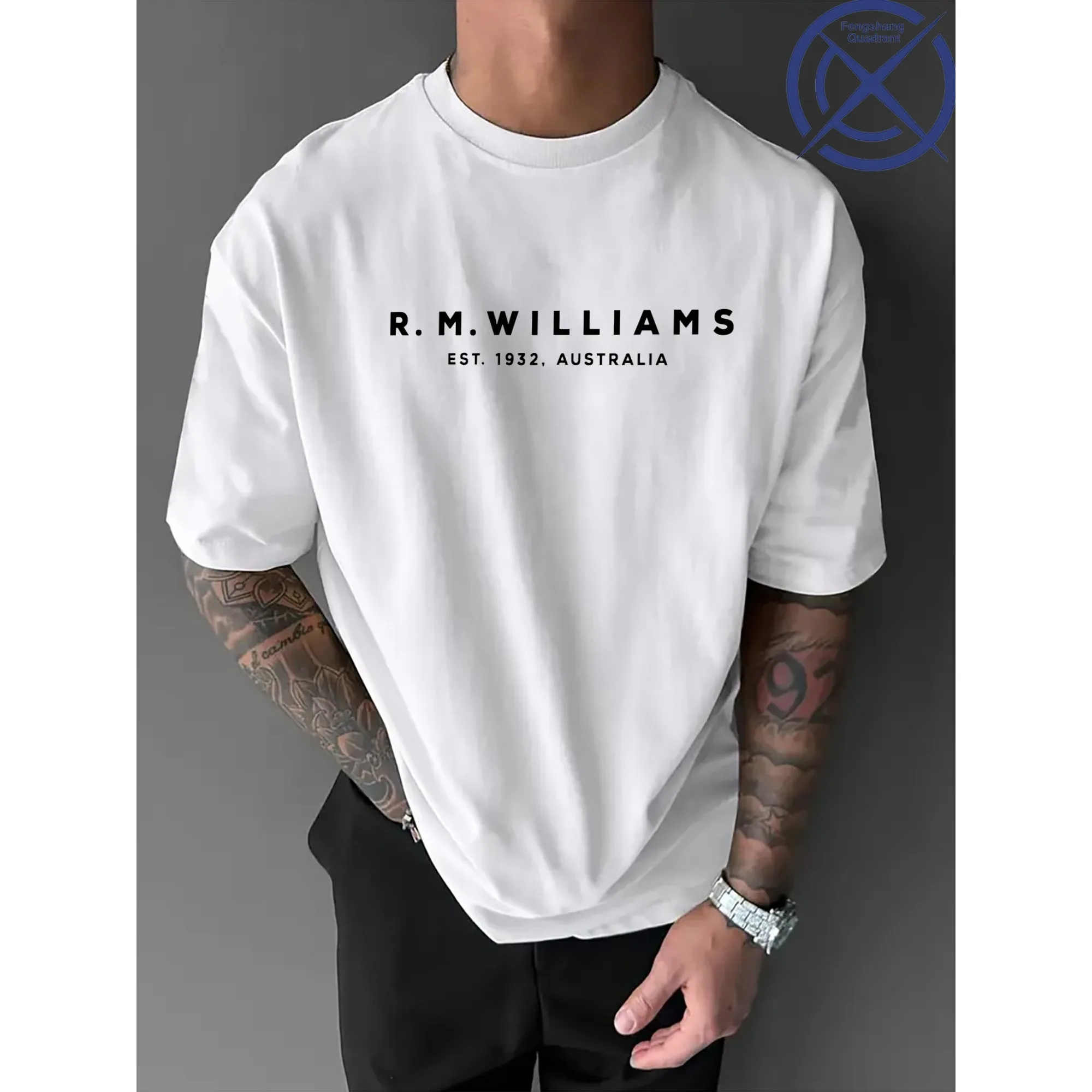 تي شيرت كاجوال عتيق - R, M, WILLIAMS تي شيرت مطبوع عليه حروف للرجال والنساء من القطن الخالص بياقة دائرية وأكمام قصيرة مطبوع Unseix